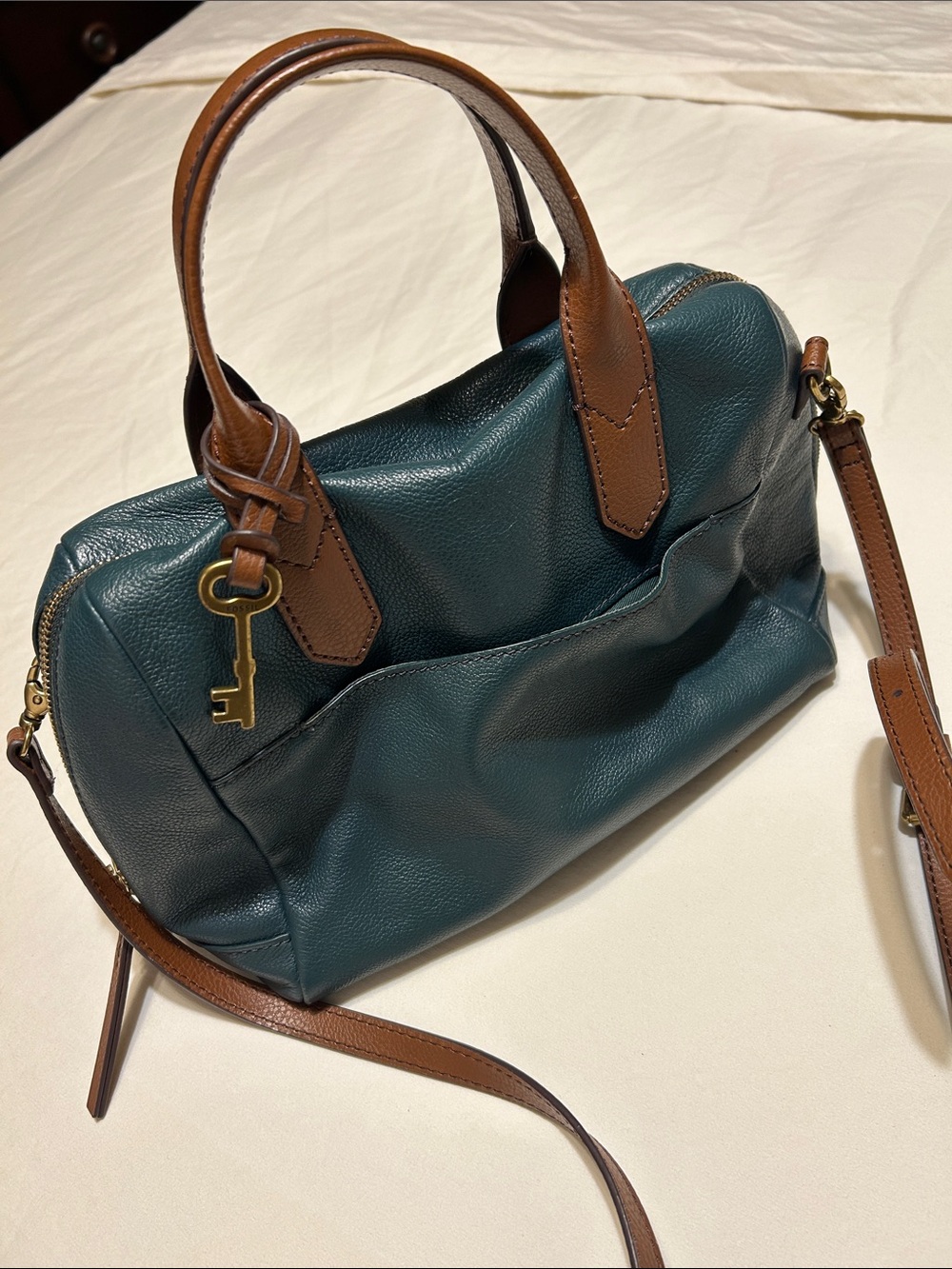 Fossil Teal Leather Satchel with Brown Handles